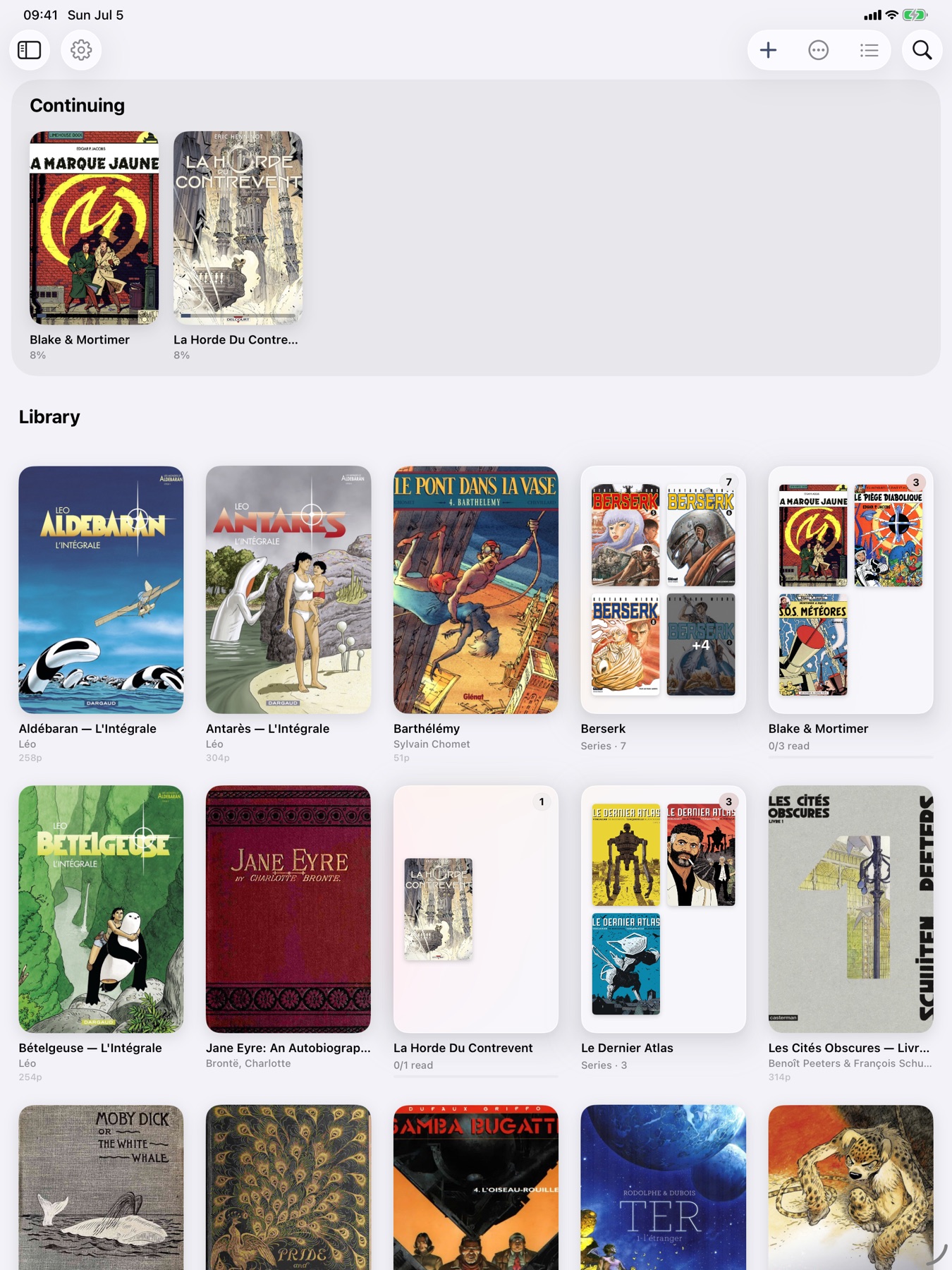 The Lijn library on iPad: a shelf of BD, manga, and books — Léo intégrales, La Horde du Contrevent, Berserk, Les Cités Obscures